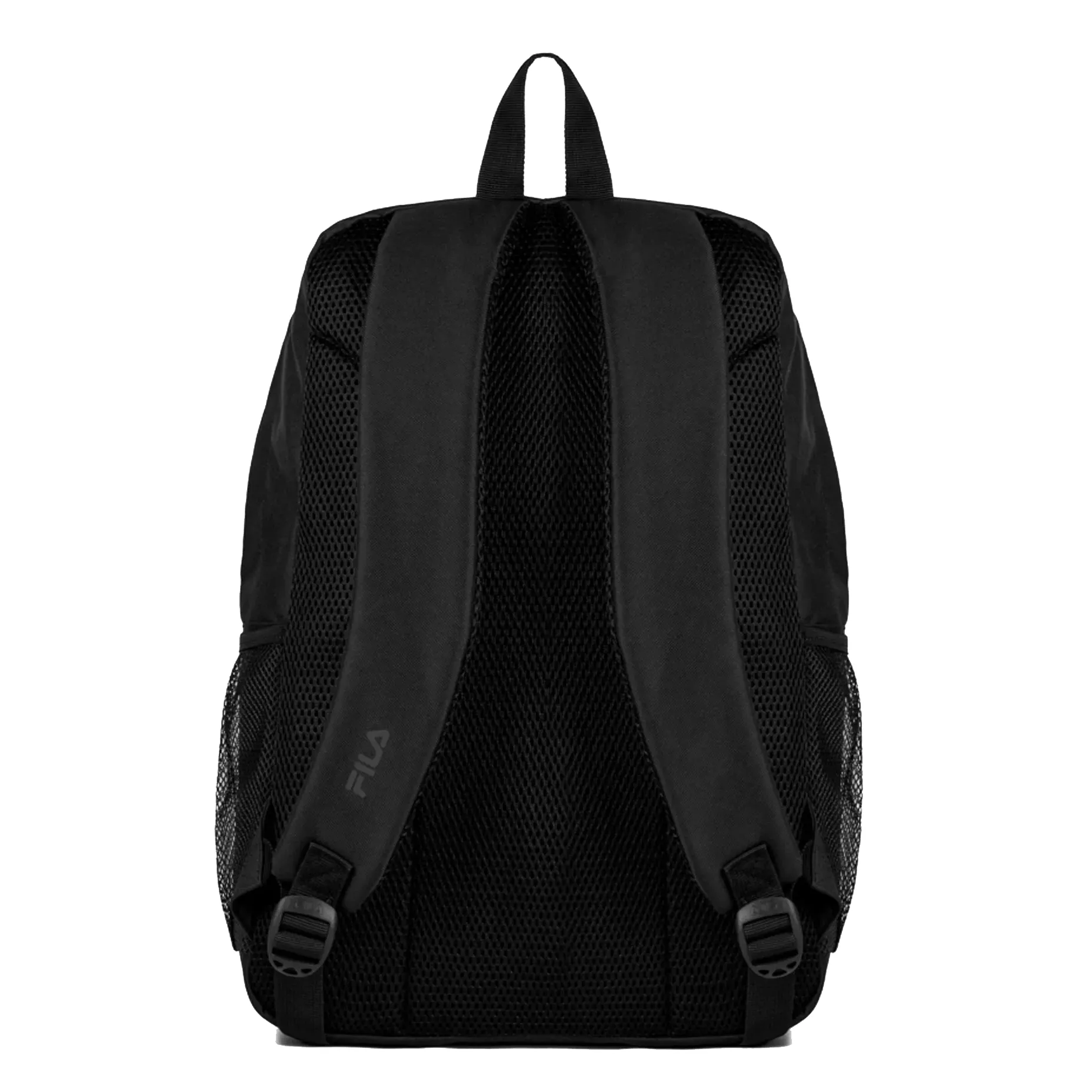 Mochila Fila Cut Logo Letter preta unissex vista frontal com bolsos e alças acolchoadas